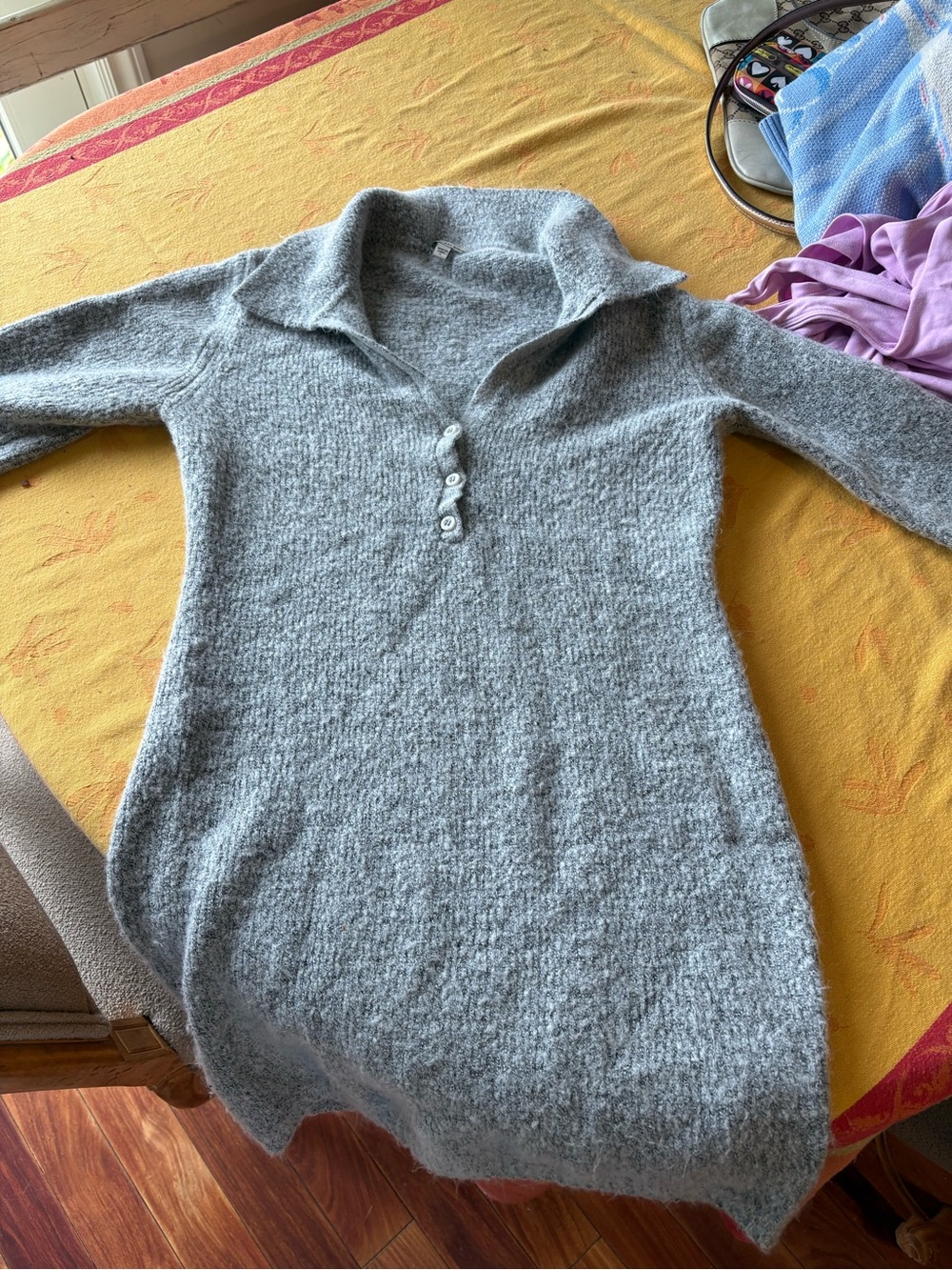 GUESS Heather Gray Mini Sweater Dress with Collared V-Neck